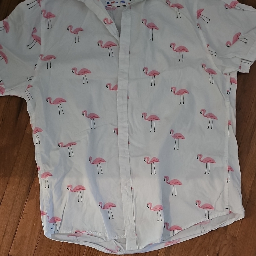 Womens Or Mens White Flamingo Print Shirt - Pink & White